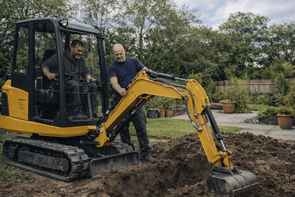 Tradespeople working with excavator